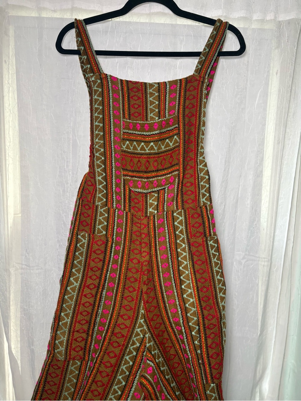 Boho Striped Embroidered overalls in Olive and Hot Pink